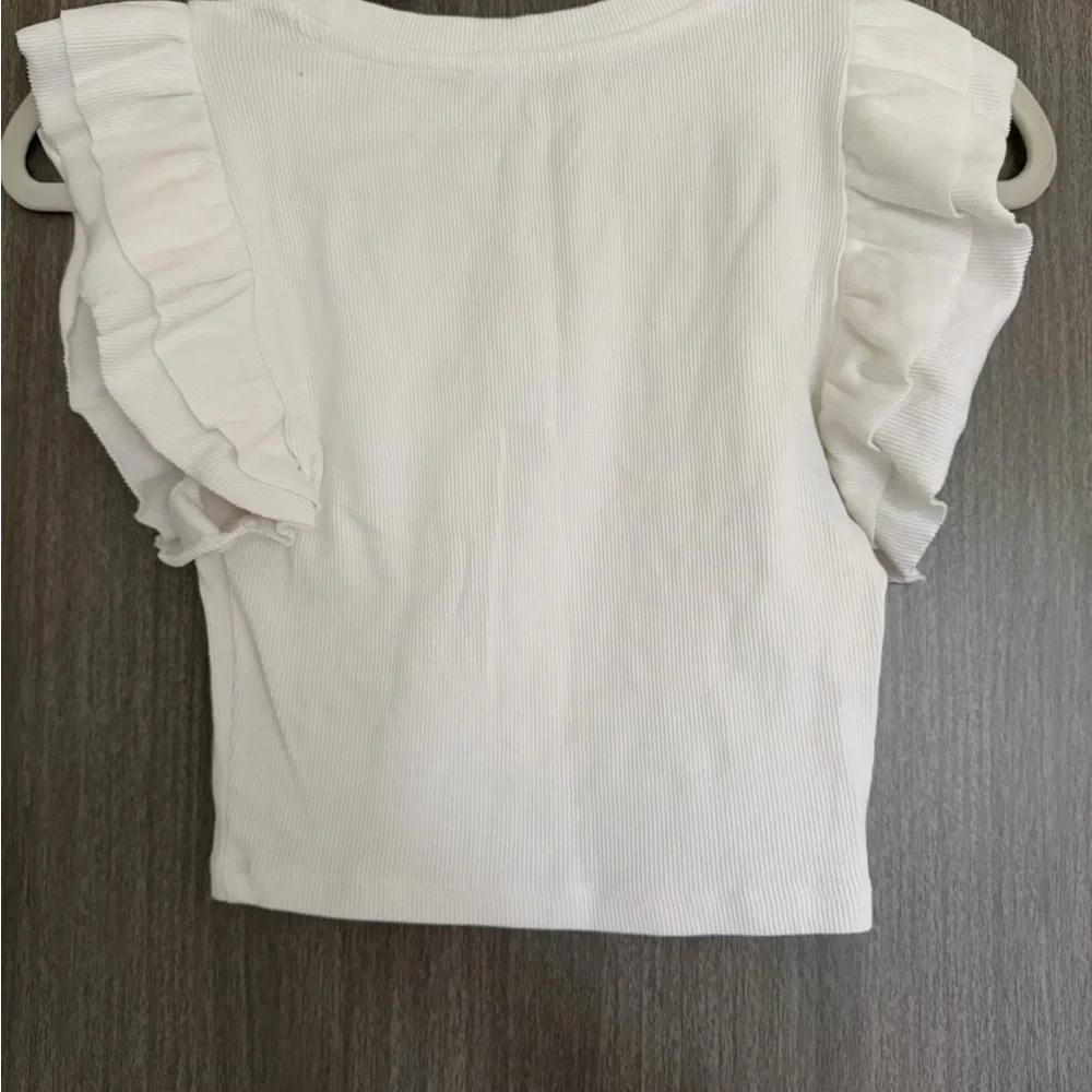 Zara Cream Ruffle Sleeve Ribbed Crop Top - Picture 2 of 2